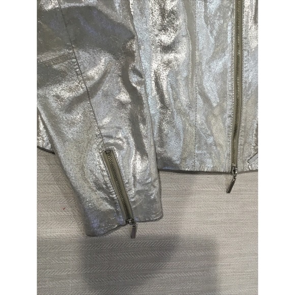 Collection Metallic Silver Leather Women's Small Moto biker jacket rebel rock - Picture 6 of 12
